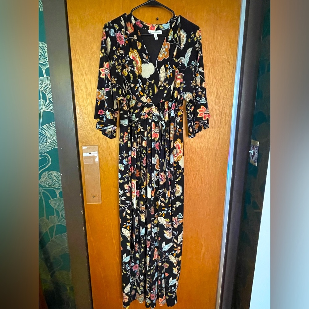 Jessica Simpson maternity stretch floral faux wrap maxi Sz Lg w/ kimono sleeves